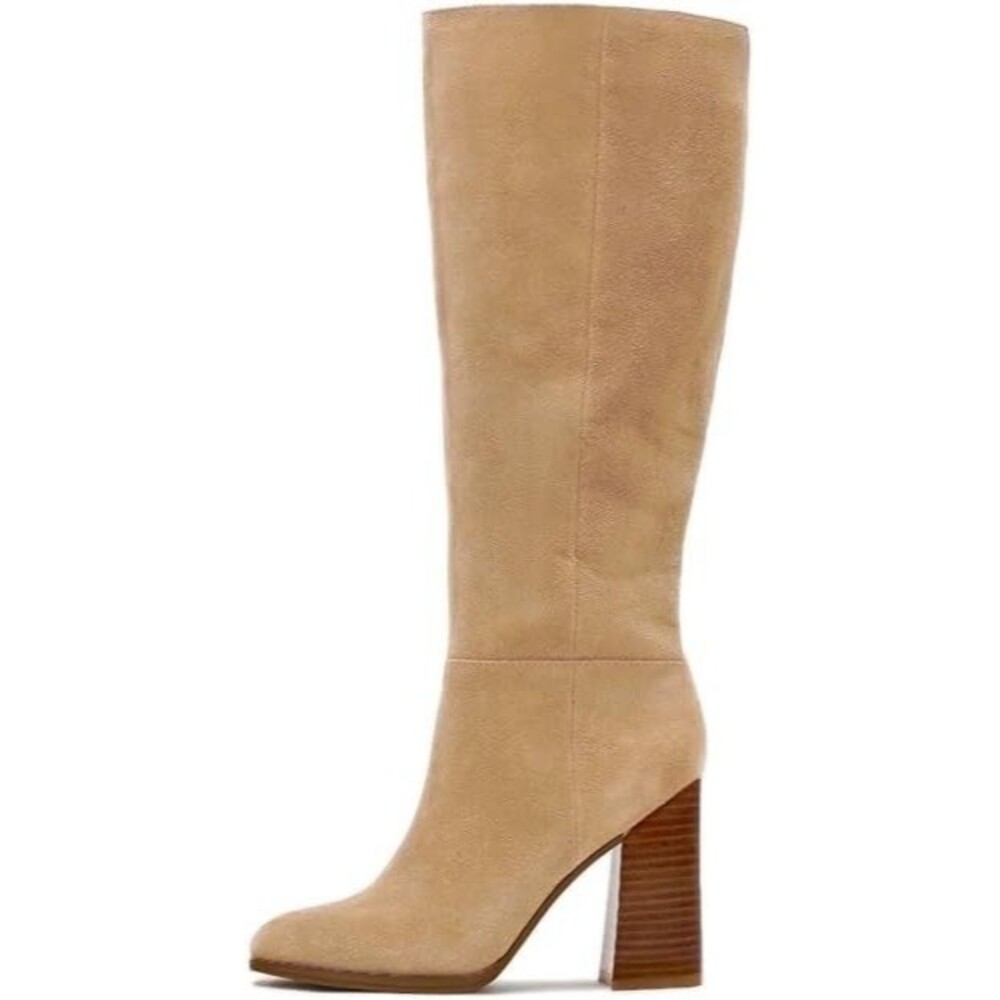 Knee High Boots Women Round Toe Chunky Block Heel Long Tan Boots Faux Suede Sz 8